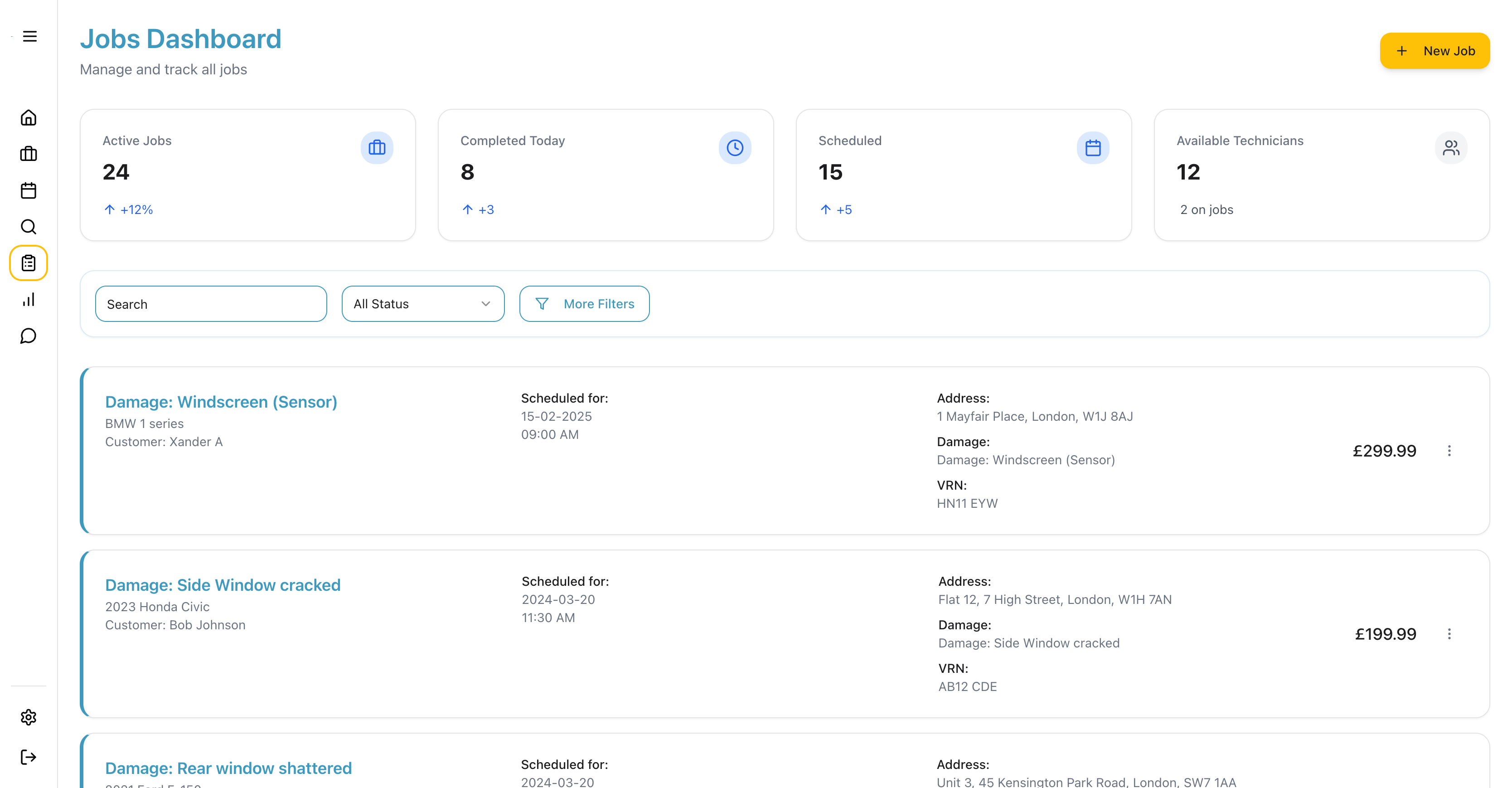 Jobs dashboard showing active jobs, completed jobs, and scheduled appointments